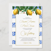 Lemon Botanical Blue Tile Stripe Wedding Einladung (Vorderseite)
