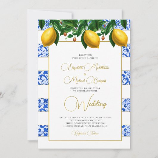 Lemon Botanical Blue Tile Stripe Wedding Einladung (Vorderseite)