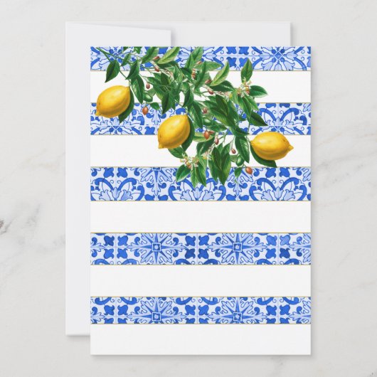 Lemon Botanical Blue Tile Stripe Wedding Einladung (Rückseite)