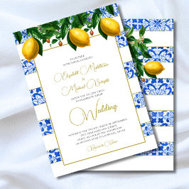 Lemon Botanical Blue Tile Stripe Wedding Einladung