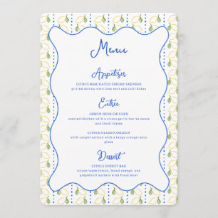 Lemon Botanical Citrus Blue & Yellow Chic Hochzeit Menükarte