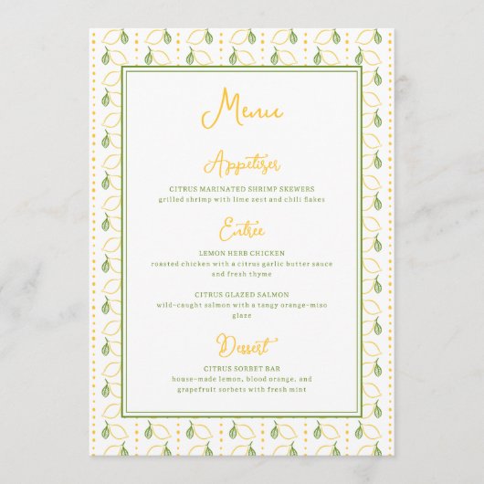 Lemon Botanical Citrus Summer Garden Wedding Menükarte (Vorderseite)