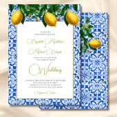 Lemon Botanical Italian Blue Tile Wedding Einladung
