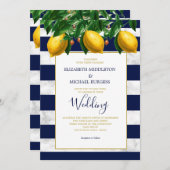 Lemon Botanical Navy White Strip Marmor Hochzeit Einladung (Vorne/Hinten)