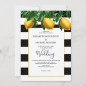 Lemon Botanical Schwarz-weiß Stripe Wedding Einladung (Vorderseite)
