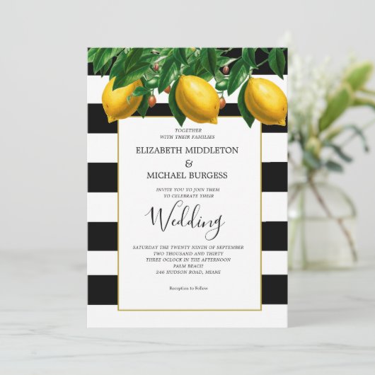 Lemon Botanical Schwarz-weiß Stripe Wedding Einladung (Stehend Vorderseite)