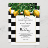Lemon Botanical Schwarz-weiß Stripe Wedding Einladung (Vorne/Hinten)