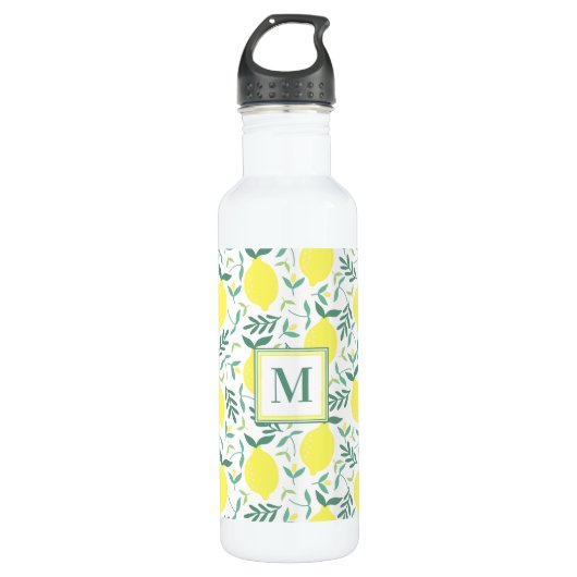 Lemon botanisches Monogramm-Muster Edelstahlflasche (Vorderseite)