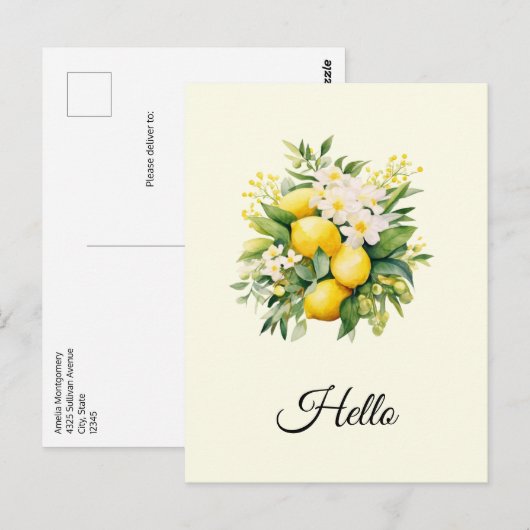 Lemon Bouquet mit weißen Blüten Hallo Postkarte (Vorne/Hinten)