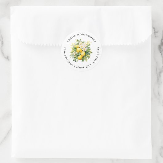 Lemon Bouquet with White Blossoms - Address Runder Aufkleber (Tasche)