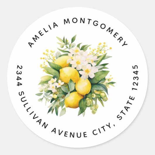 Lemon Bouquet with White Blossoms - Address Runder Aufkleber (Vorderseite)