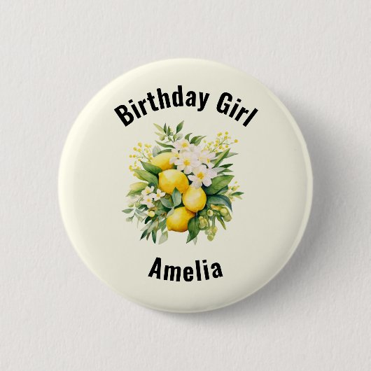 Lemon Bouquet with White Blossoms Birthday Girl Button (Vorderseite)