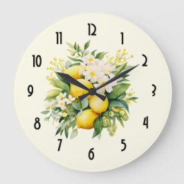 Lemon Bouquet with White Blossoms Große Wanduhr
