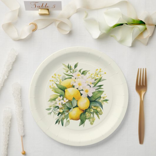 Lemon Bouquet with White Blossoms Pappteller (Hochzeit)