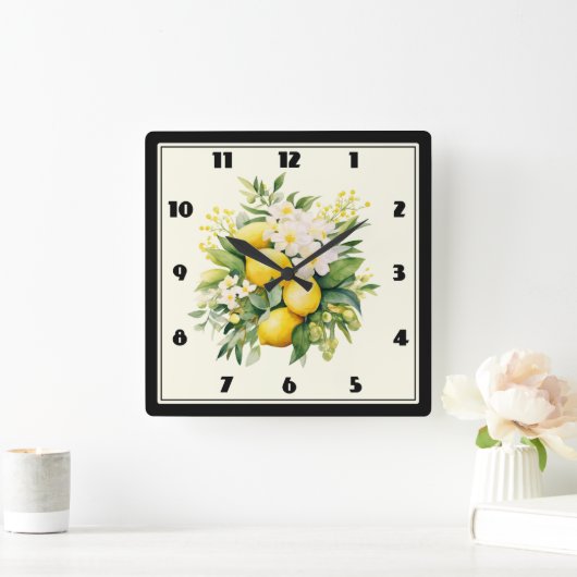 Lemon Bouquet with White Blossoms Quadratische Wanduhr (Zuhause)