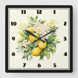 Lemon Bouquet with White Blossoms Quadratische Wanduhr