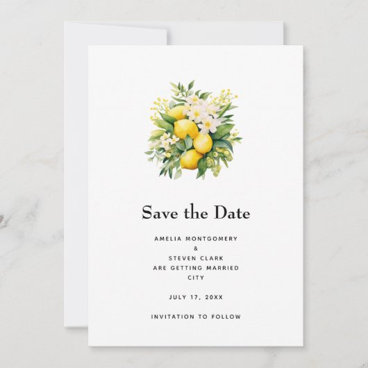 Lemon Bouquet with White Blossoms Wedding Save The Date (Vorderseite)