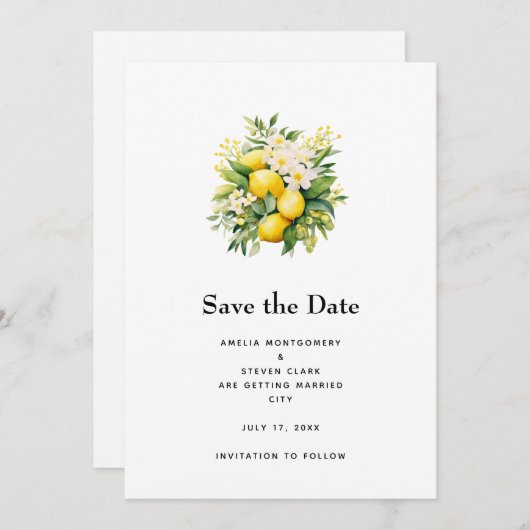 Lemon Bouquet with White Blossoms Wedding Save The Date (Vorne/Hinten)