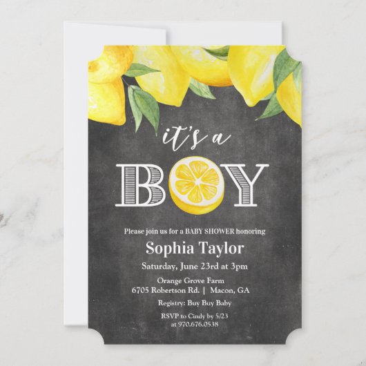 Lemon Boy Chalkboard Kinderdusche Einladung (Vorderseite)