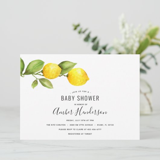 Lemon Branch Baby Dusche Einladung (Stehend Vorderseite)