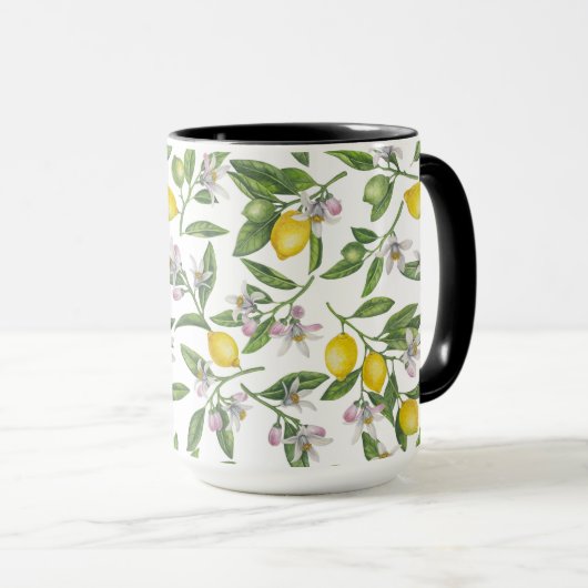 Lemon branches with blossoms and fruit on white tasse (VorderseiteRechts)