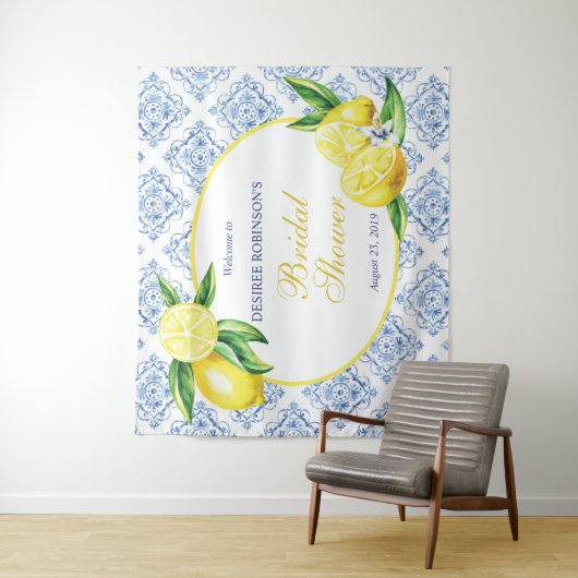 Lemon Brautparty Blue Tile Italienischer Hintergru Wandteppich (Beispiel)