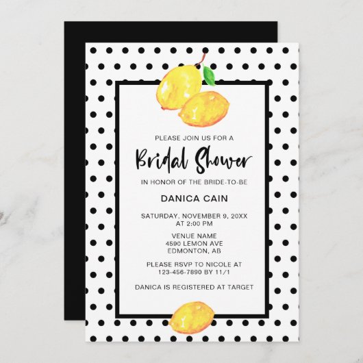 Lemon Brautparty Hand Lettering Polka Dots Einladung (Vorne/Hinten)