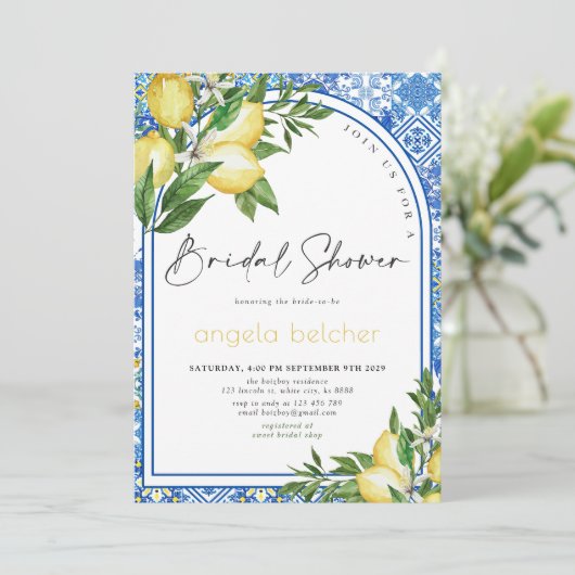 Lemon Brautparty - Italienisch Blaue Fliesen Einladung (Stehend Vorderseite)