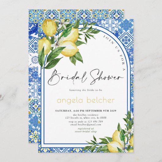 Lemon Brautparty - Italienisch Blaue Fliesen Einladung (Vorne/Hinten)