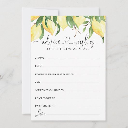 Lemon Brautparty Ratgeber und Wünsche Karten (Vorderseite)