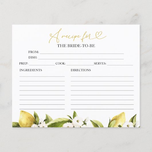 Lemon Brautparty Rezept Cards (Vorderseite)