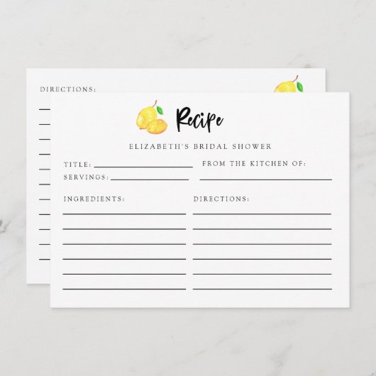 Lemon Brautparty Rezept Karte (Vorne/Hinten)