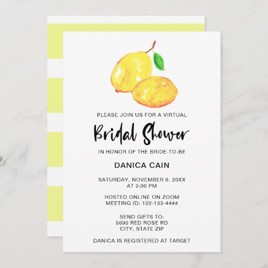 Lemon Brautparty virtuell online Elegant simpel Einladung (Vorne/Hinten)