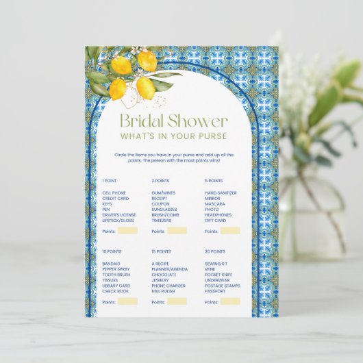 Lemon Brautparty Was ist in deiner Spielkarte? Einladung (Stehend Vorderseite)