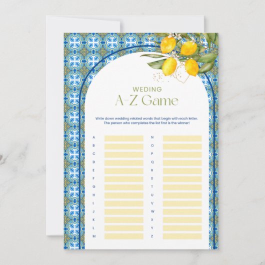 Lemon Brautparty Wedding A-Z Game Card Einladung (Vorderseite)