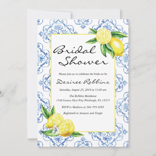 Lemon Bridal Dusche Einladung, Blue Tile Italienis Einladung (Vorderseite)