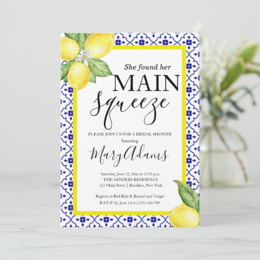 Lemon Bridal Dusche Einladung, Blue Tile Italienis Einladung (Stehend Vorderseite)
