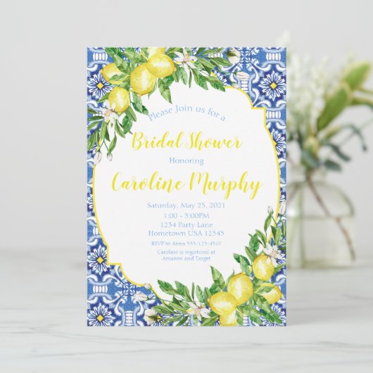 Lemon Bridal Dusche Einladung, Blue Tile Italienis Einladung (Stehend Vorderseite)