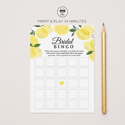 Lemon Bridal Shower Bingo Game Printable Einladung