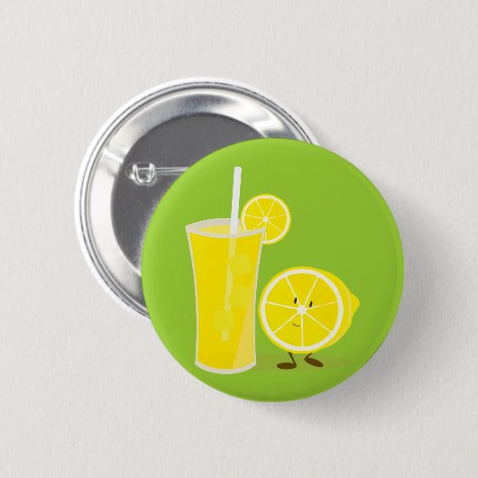 Lemon-Charakter stehend neben Limonade Button (Vorne & Hinten)