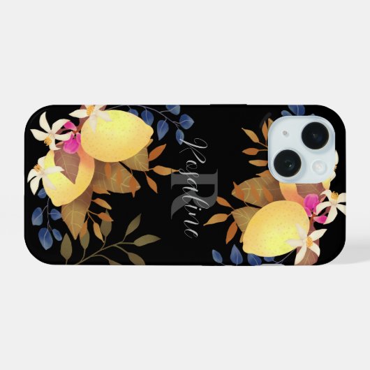 Lemon Chic Monogram Black iPhone 15 Hülle (Rückseite (Horizontal))