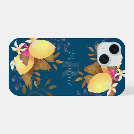 Lemon Chic Monogram Turquoise iPhone 15 Hülle (Rückseite (Horizontal))