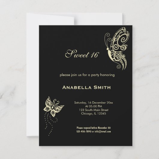 Lemon Chiffon Sweet 16 Schmetterlinge Einladung (Vorderseite)