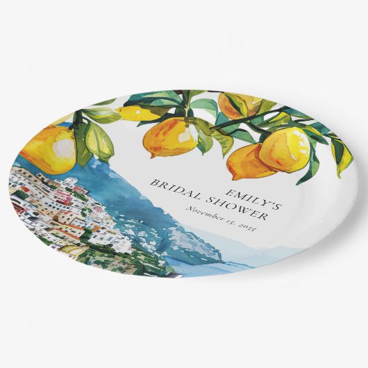 Lemon Citrus Amalfi Küste Brautparty Pappteller (Schrägansicht)