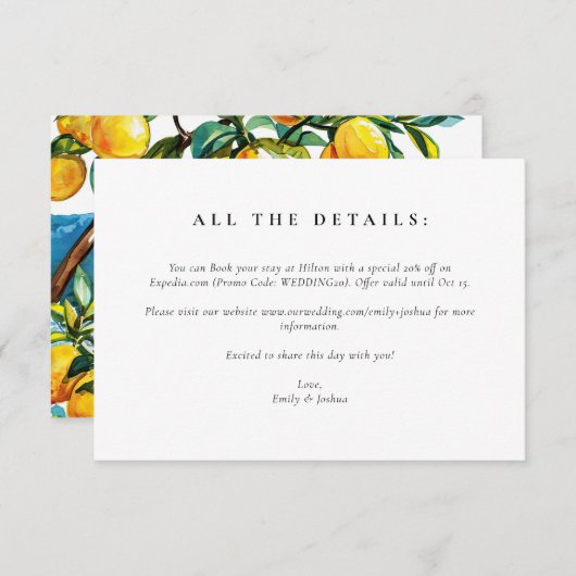 Lemon Citrus Amalfi Küste Hochzeit Begleitkarte (Vorne/Hinten)