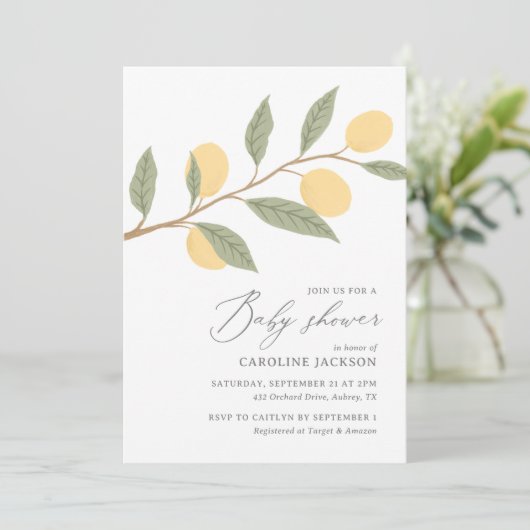 Lemon Citrus Baby Dusche Einladung (Stehend Vorderseite)