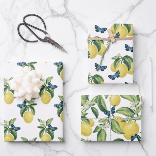 Lemon Citrus Blue Butterfells Geschenkpapier Set (Vorderseite)