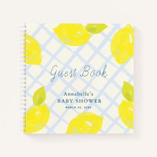 Lemon Citrus Blue Karo Baby Shower Guest Book Notizblock (Vorderseite)
