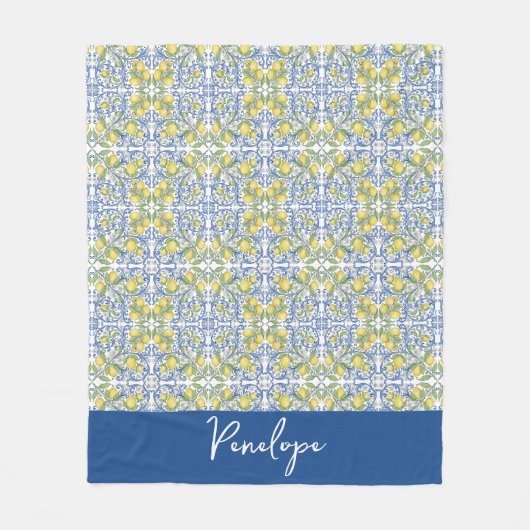 Lemon Citrus Blue Mediterranean Tile Pattern Fleecedecke (Vorderseite)