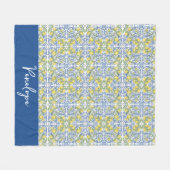 Lemon Citrus Blue Mediterranean Tile Pattern Fleecedecke (Vorderseite (Horizontal))